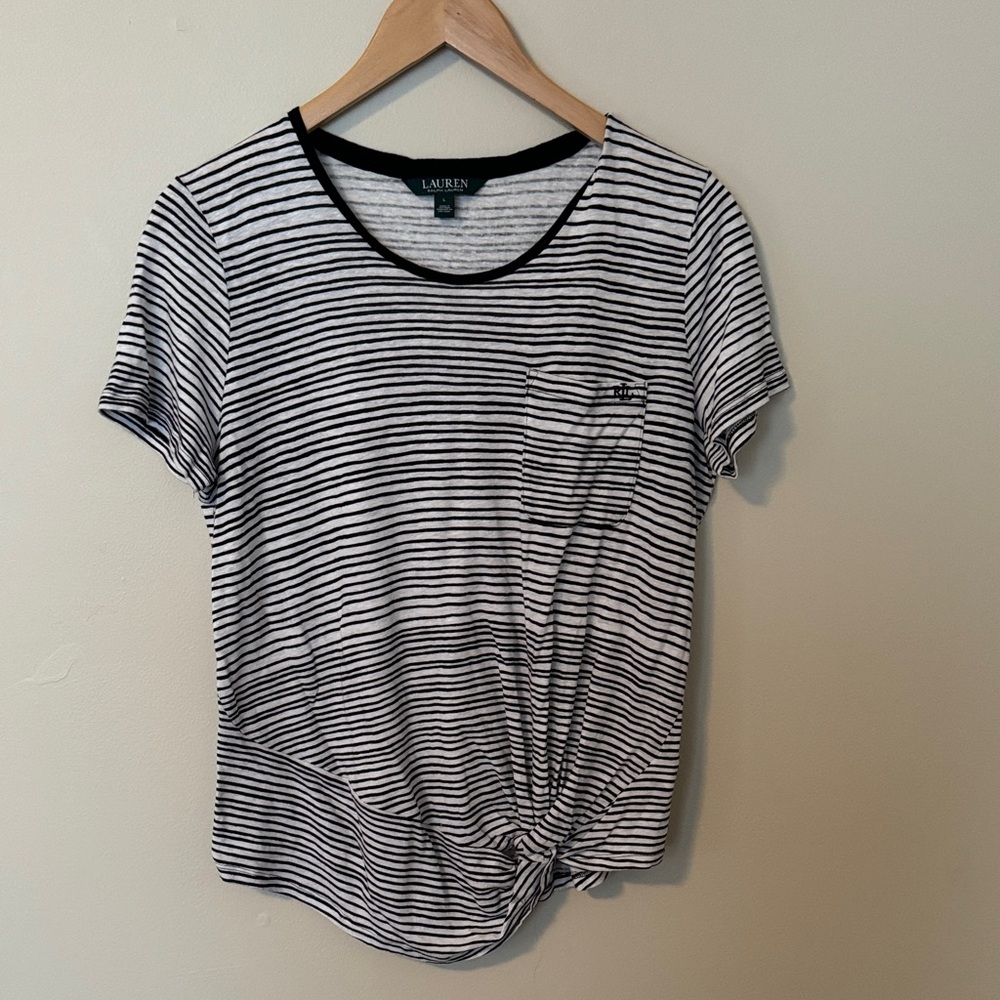 Ralph Lauren Black and White Striped Knot-Front Short Sleeve Tee - Linen Blend